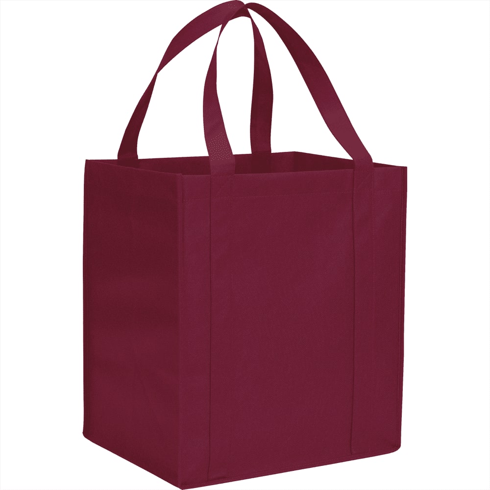 A burgundy reusable grocery tote bag with two handles and a square shape. It has a logo on one side.