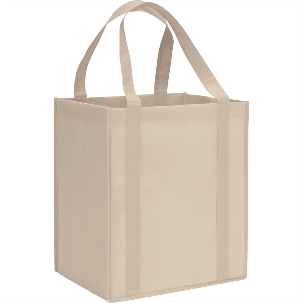 A beige reusable grocery tote with sturdy handles and a square shape, featuring a logo on the side.