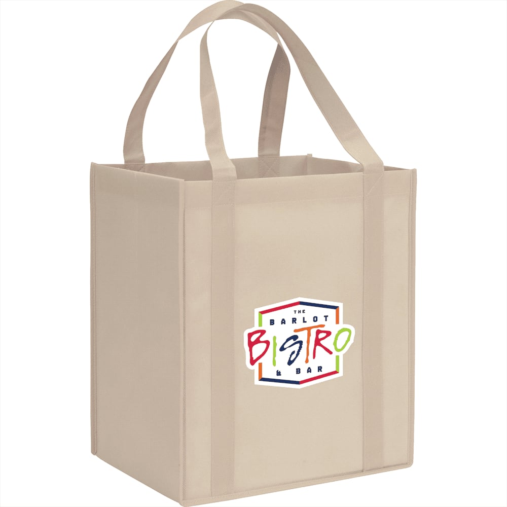 A beige reusable grocery tote with sturdy handles and a logo on one side. The bag has a square shape and is made of non-woven material.