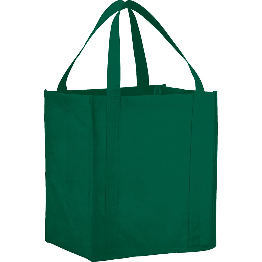 A green non-woven grocery tote bag with sturdy handles and a square base, featuring a logo.