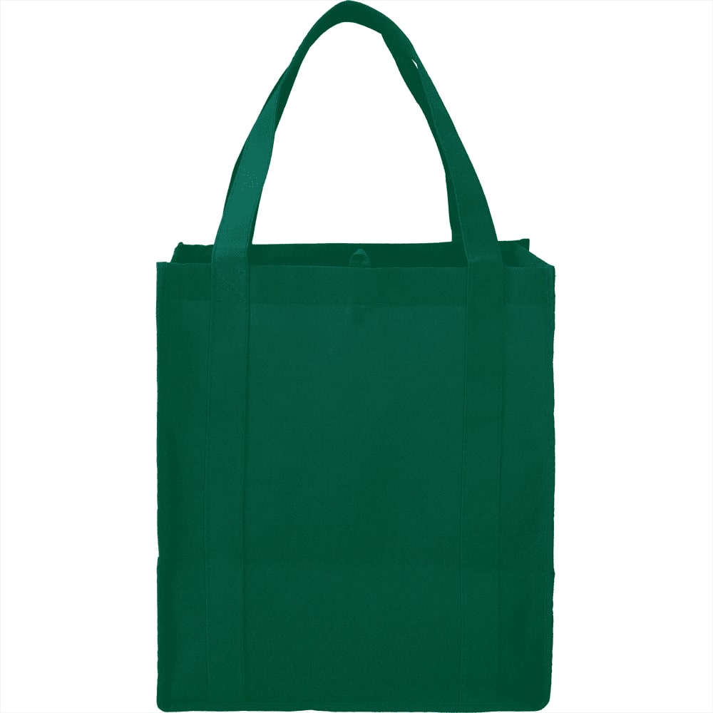 A green non-woven grocery tote bag with sturdy handles and an interior spacious enough for shopping.
