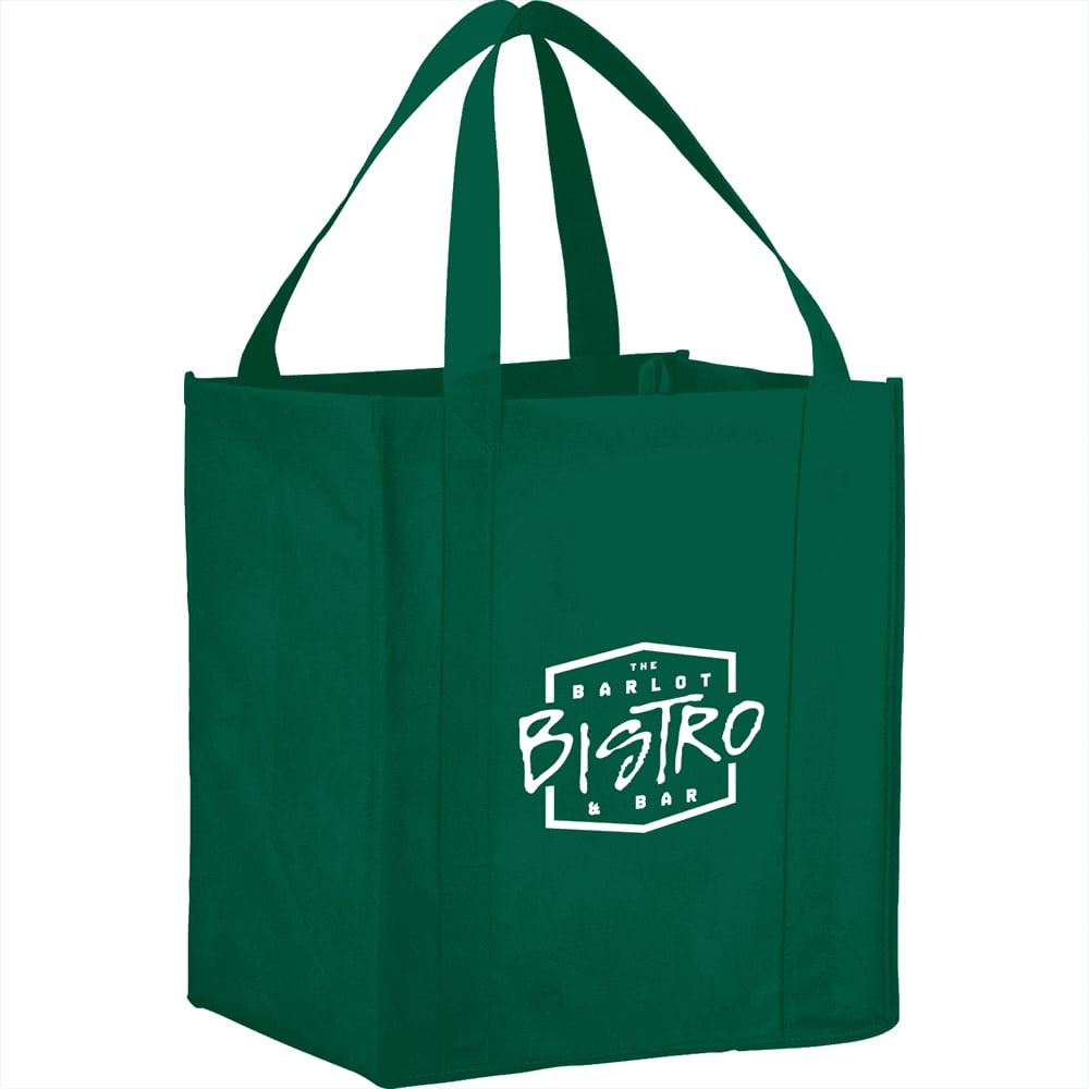 A green reusable grocery tote with sturdy handles and a logo on one side. Suitable for shopping purposes.