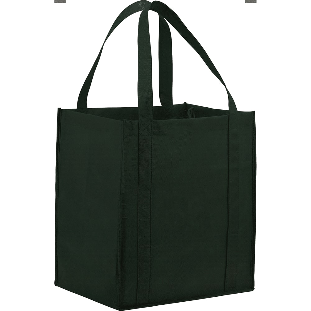 A dark green non-woven grocery tote bag with two carry handles, featuring a square shape and no visible text or logos.
