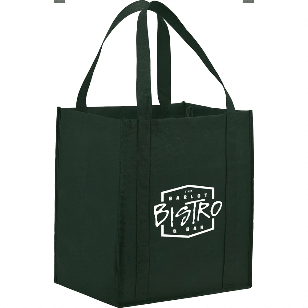 A green non-woven grocery tote bag with sturdy straps and a logo on one side.