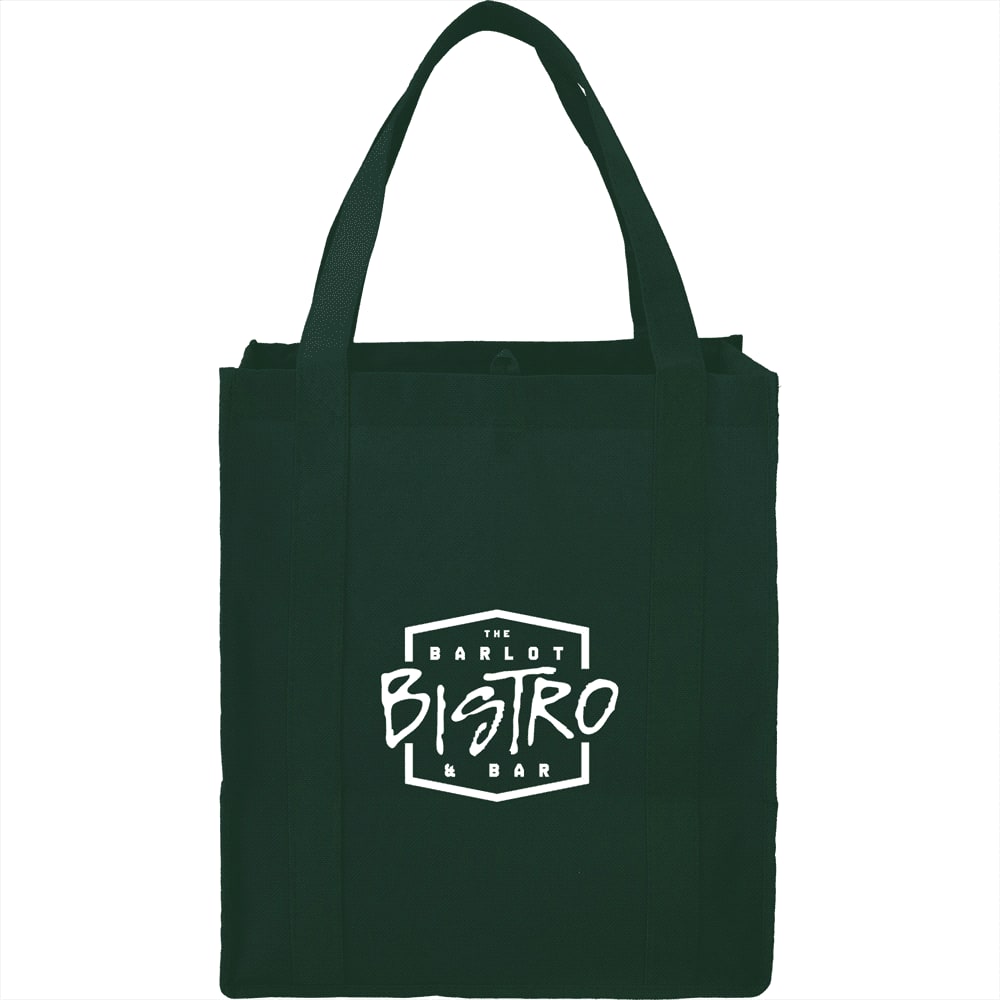 A green non-woven grocery tote bag with sturdy handles and a logo on the front.
