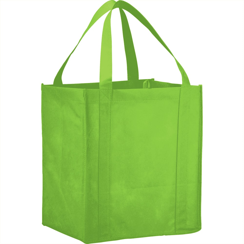 A bright green non-woven grocery tote with sturdy handles, featuring a simple design and an empty interior.