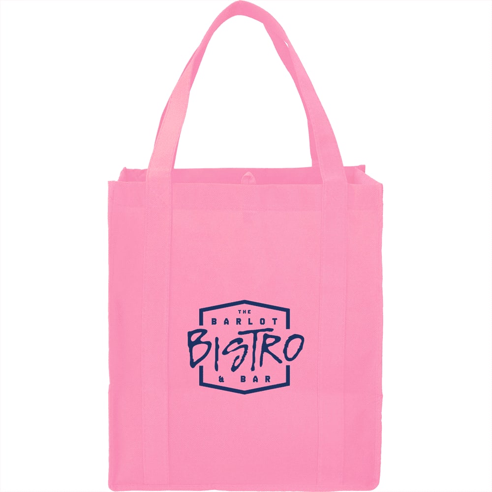 A pink non-woven grocery tote bag featuring a logo on the front. It has two sturdy handles for carrying.