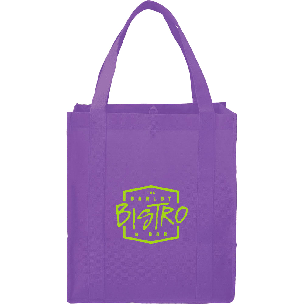 A purple reusable grocery tote with sturdy handles and a logo on the front.
