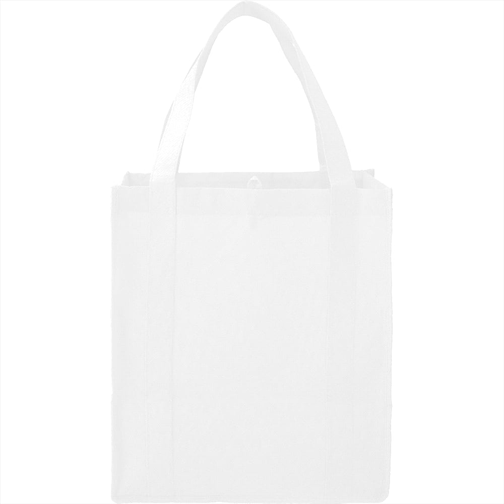 A white non-woven grocery tote bag with sturdy handles and a simple design. It includes a logo.