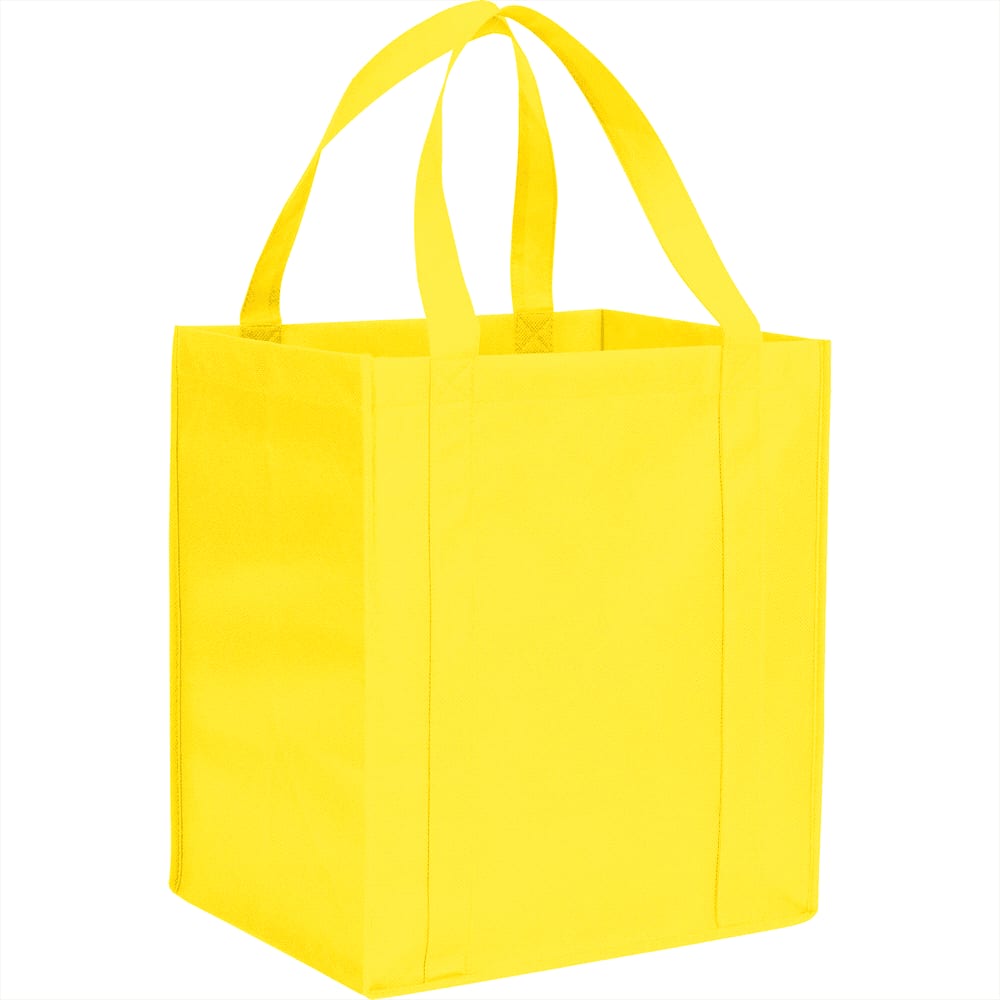 A yellow non-woven grocery tote bag with two sturdy handles and a rectangular shape. It features a logo.