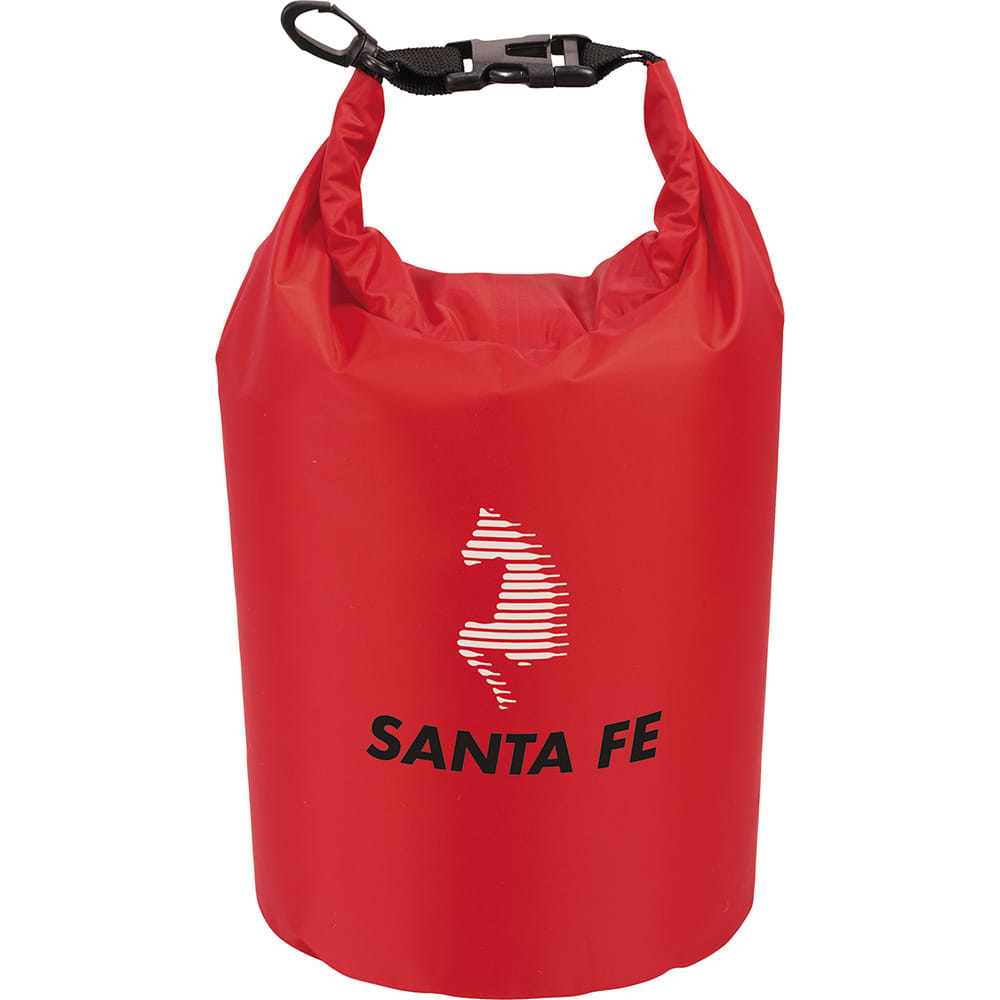 A red waterproof outdoor bag with a handle and a logo. Ideal for keeping contents dry.