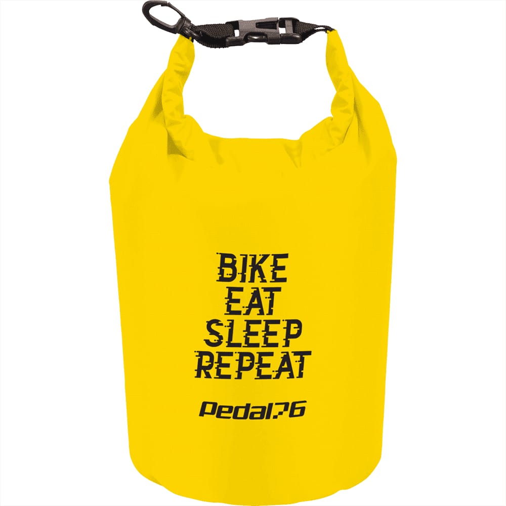 A yellow waterproof outdoor bag featuring a logo and text design. Ideal for outdoor activities.