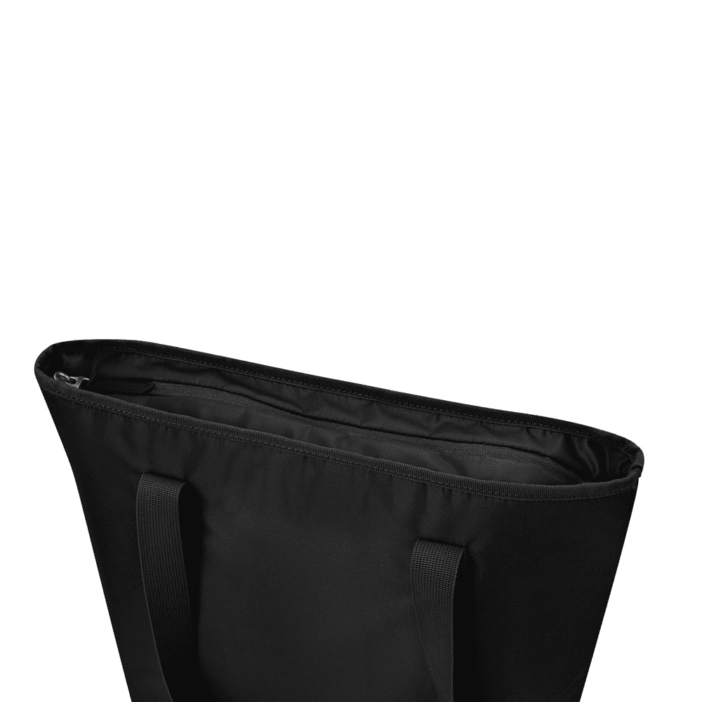A black tote bag featuring a spacious interior and sturdy handles, with a simple design and no visible branding.