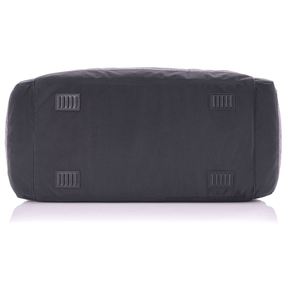 A black duffle bag featuring a flat base and protective feet, showcasing a sturdy design and ample space.