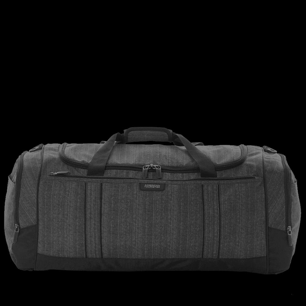 A spacious grey duffle bag with multiple compartments and a sturdy handle, featuring a logo on the side.
