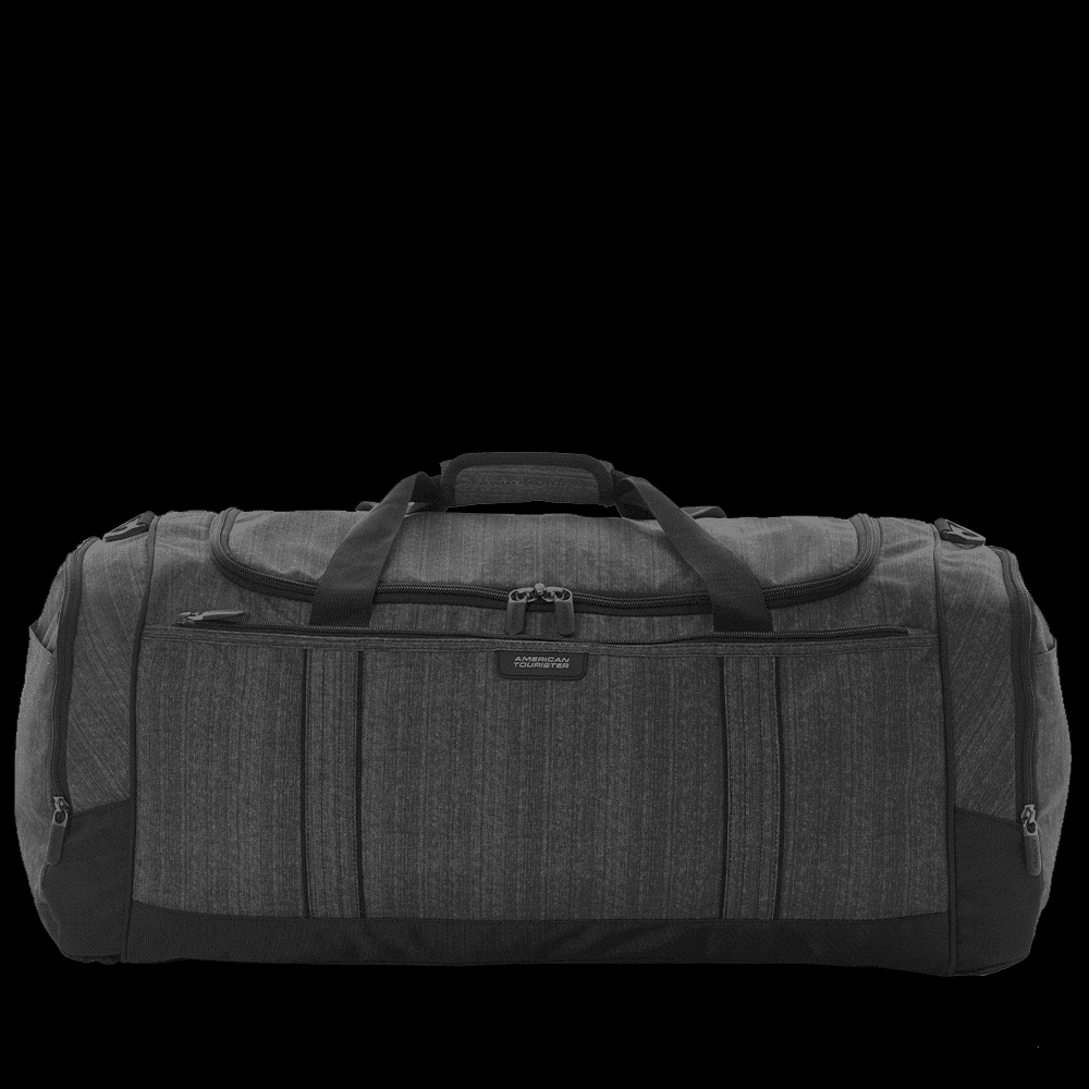 A grey duffle bag with a zip closure and multiple pockets, featuring handles and a logo.