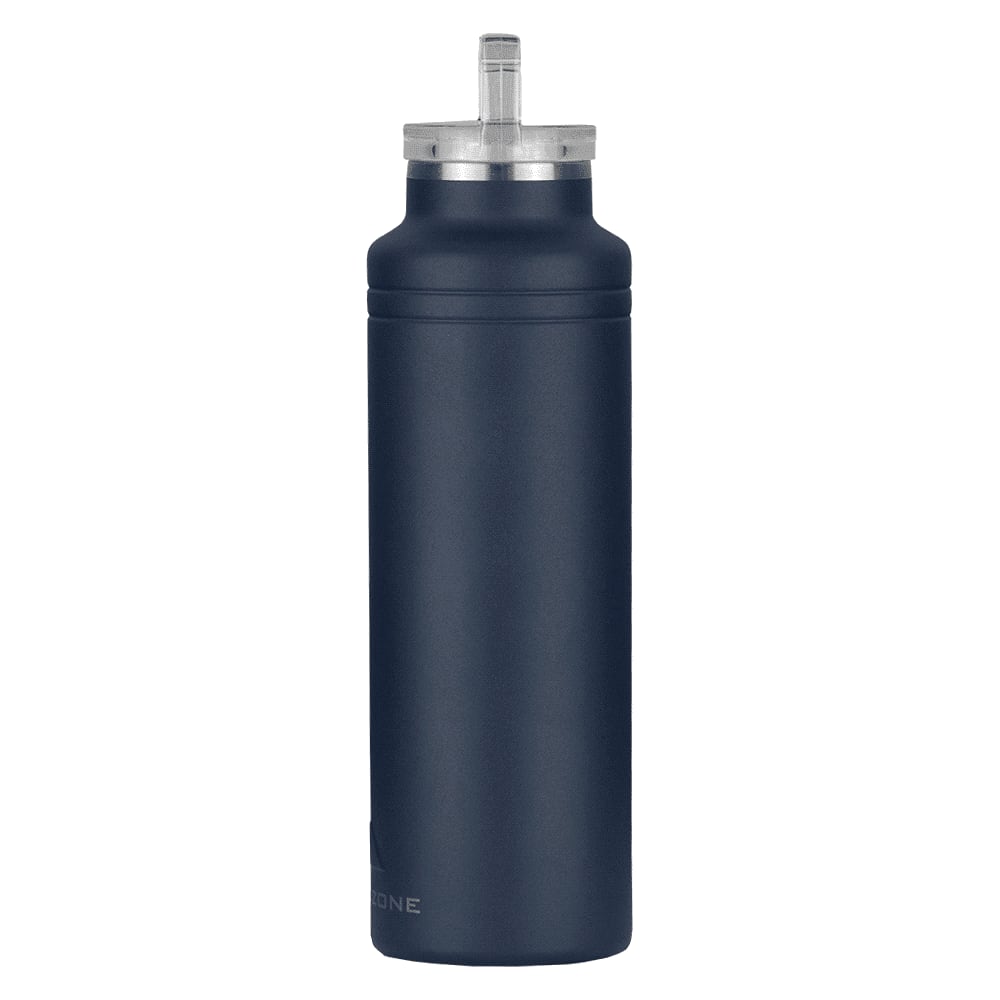 A drink bottle in a matte navy finish with a silver lid and a straw opening. Features a logo.