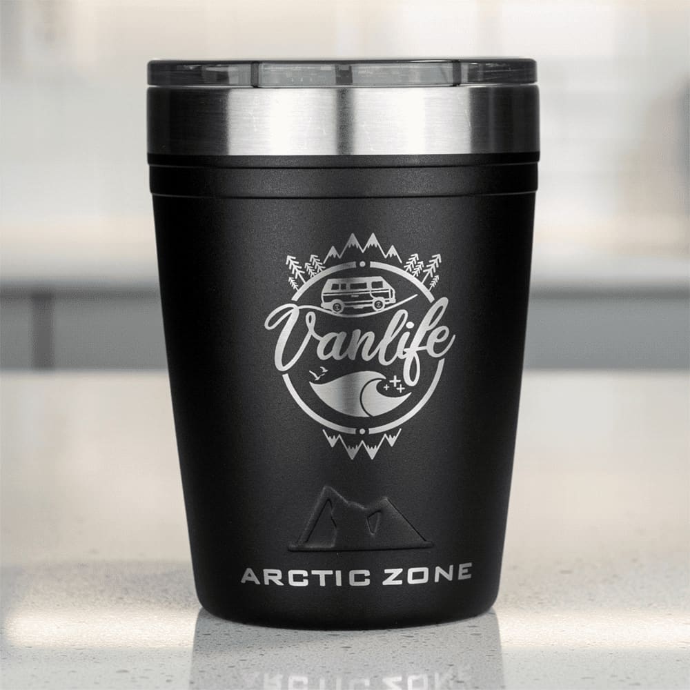 A drink bottle featuring a matte black finish with a silver metal lid and a logo design.