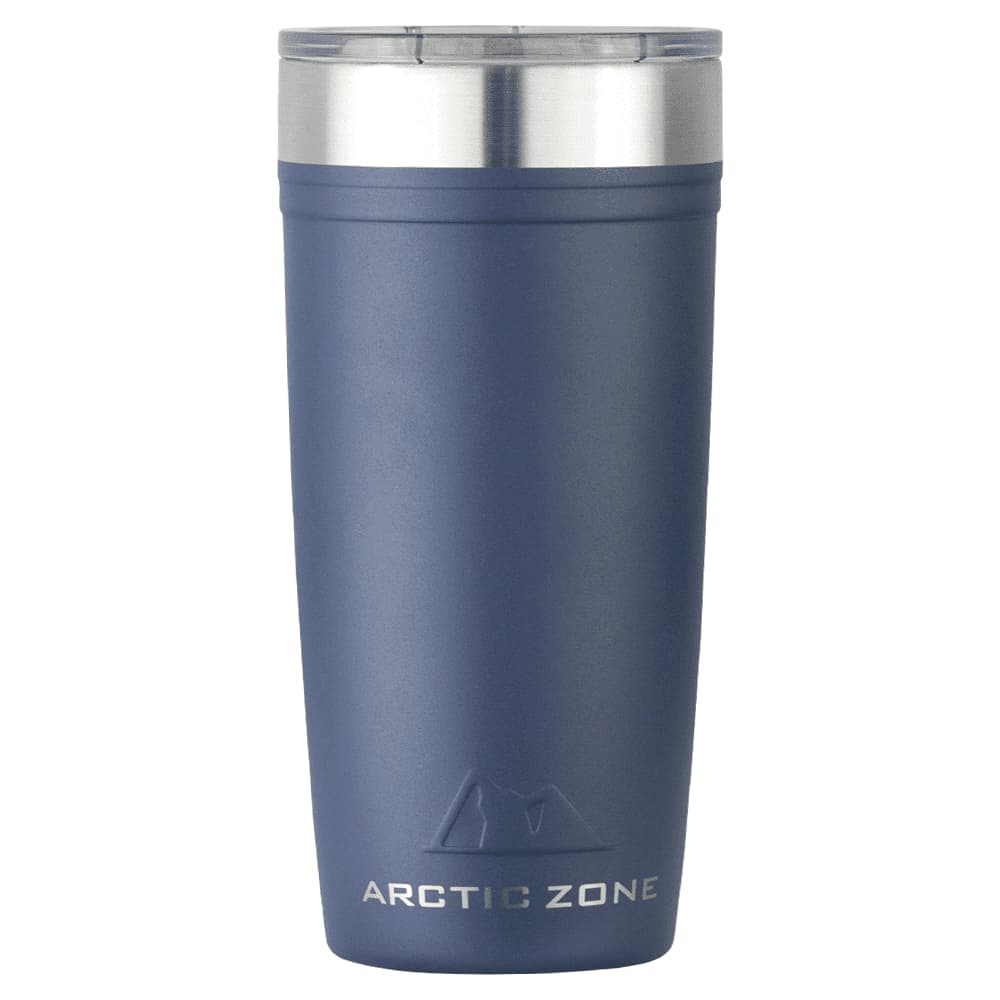 A drink bottle made of navy blue stainless steel with a silver lid and a logo.
