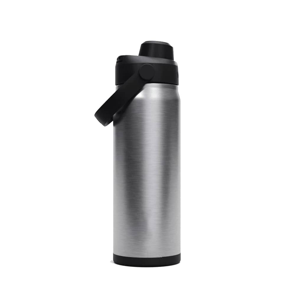 A drink bottle with a stainless steel finish and a black lid and handle. It has a logo on the side.