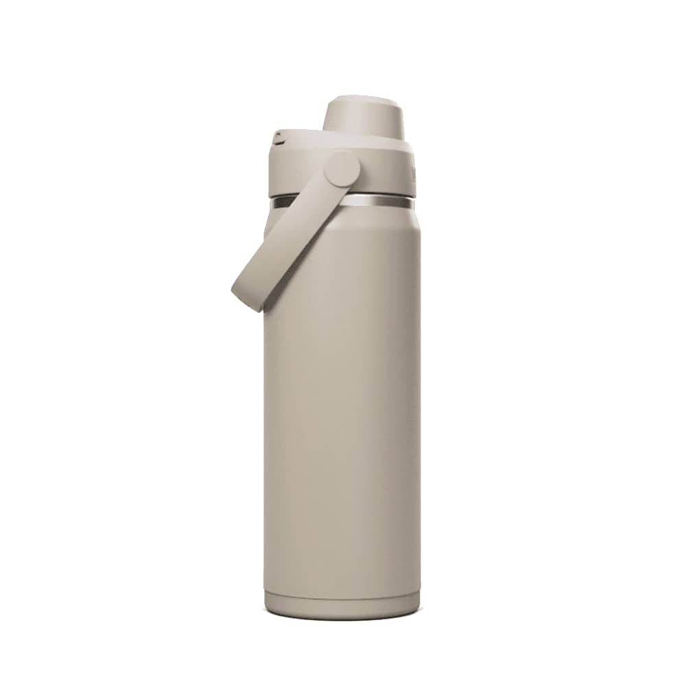 A drink bottle in a matte light beige hue, featuring a handle and a screw-on lid, with a logo.