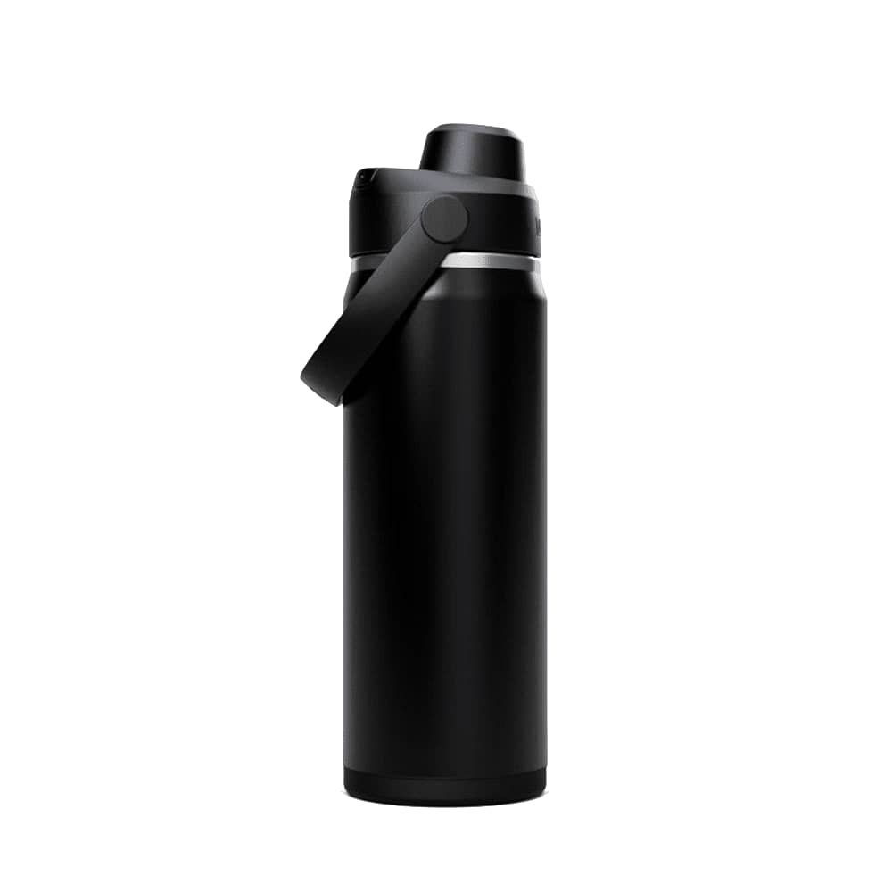A drink bottle in matte black with a flip-top lid and handle, featuring a sleek design and branding.