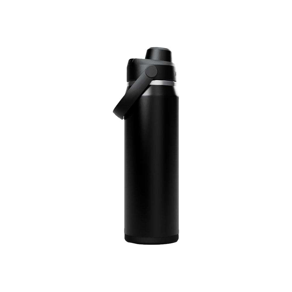 A drink bottle in matte black with a silver band and a carry handle, featuring a logo.