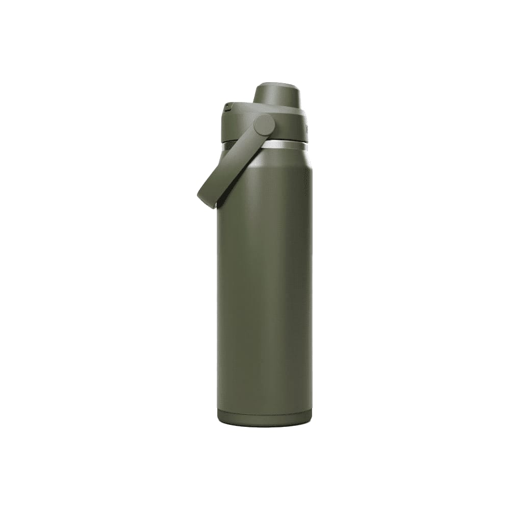 A drink bottle in an olive green colour, featuring a tight-fitting lid and a carry handle. It has a logo on the side.