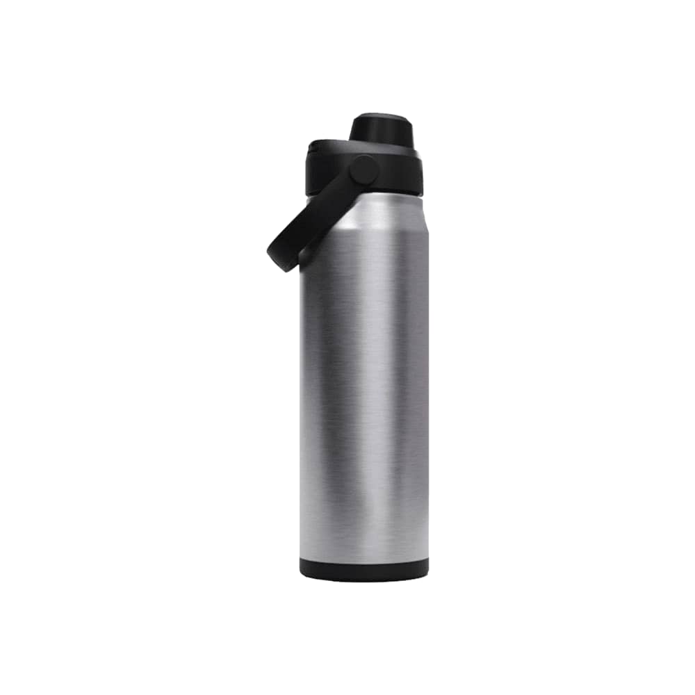 A drink bottle made of stainless steel, featuring a black lid and handle, with a sleek, metallic finish.