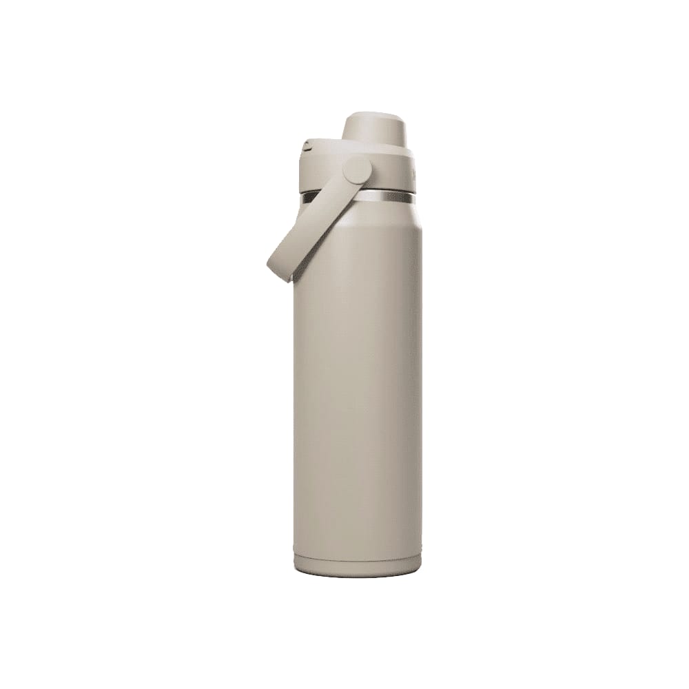 A drink bottle in a beige hue with a lid and a carrying handle. It features a logo on its surface.