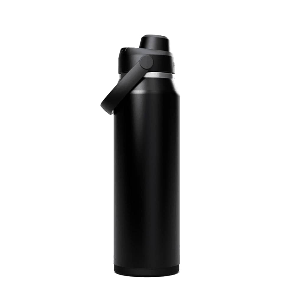 A drink bottle in black, featuring a wide mouth and a carry handle, with a logo on the side.