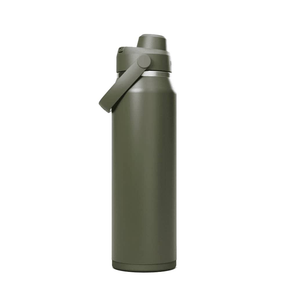 A drink bottle in olive green with a screw-top lid and a sturdy handle. It features a logo on the side.