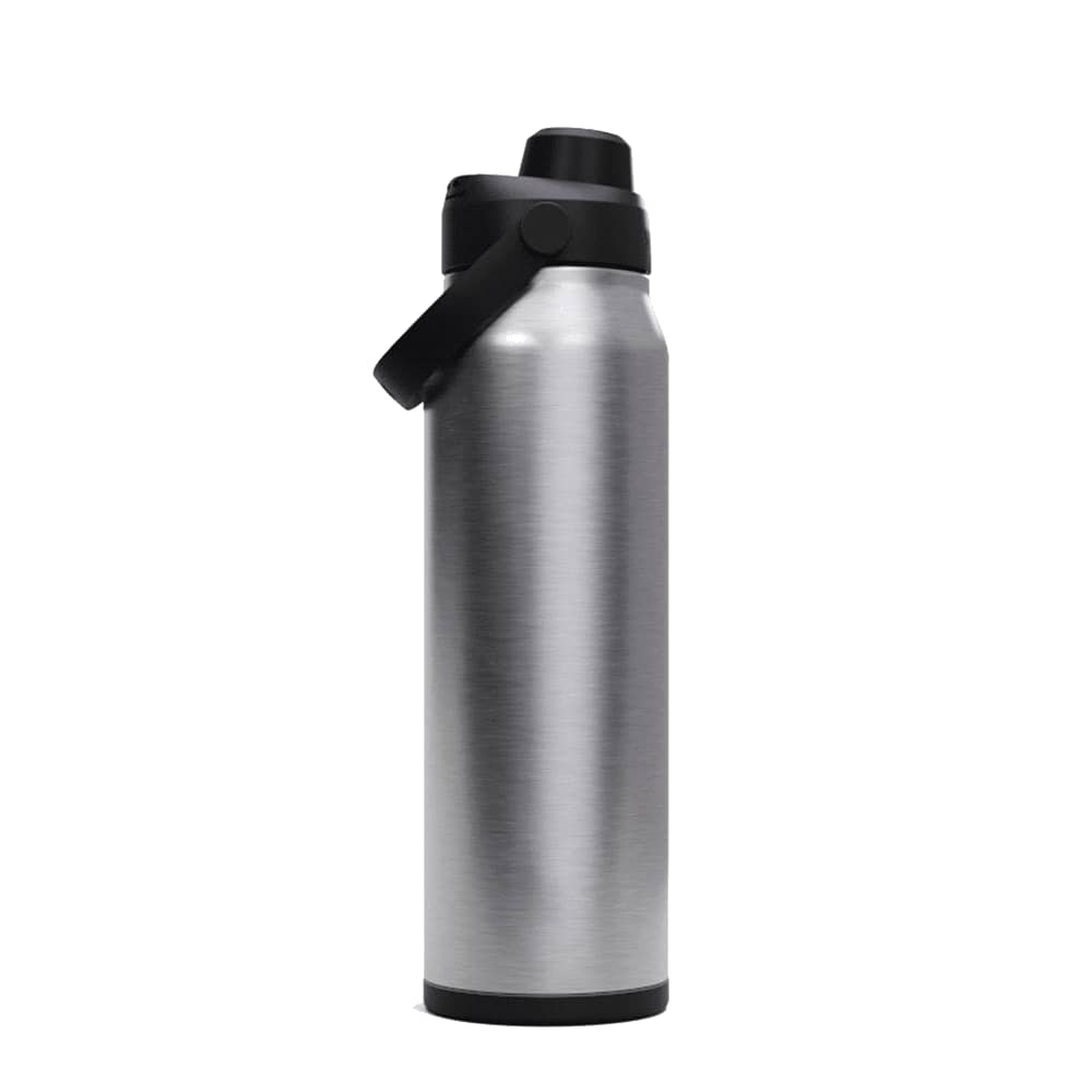A drink bottle in silver with a black lid and handle, featuring a sleek, stainless steel design.