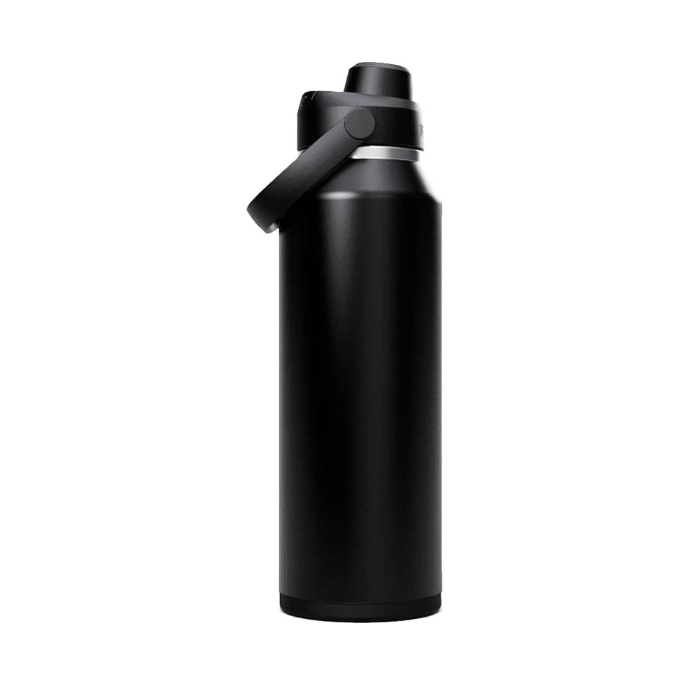 A drink bottle in matte black finish with a wide mouth and a handle, featuring a logo on the body.