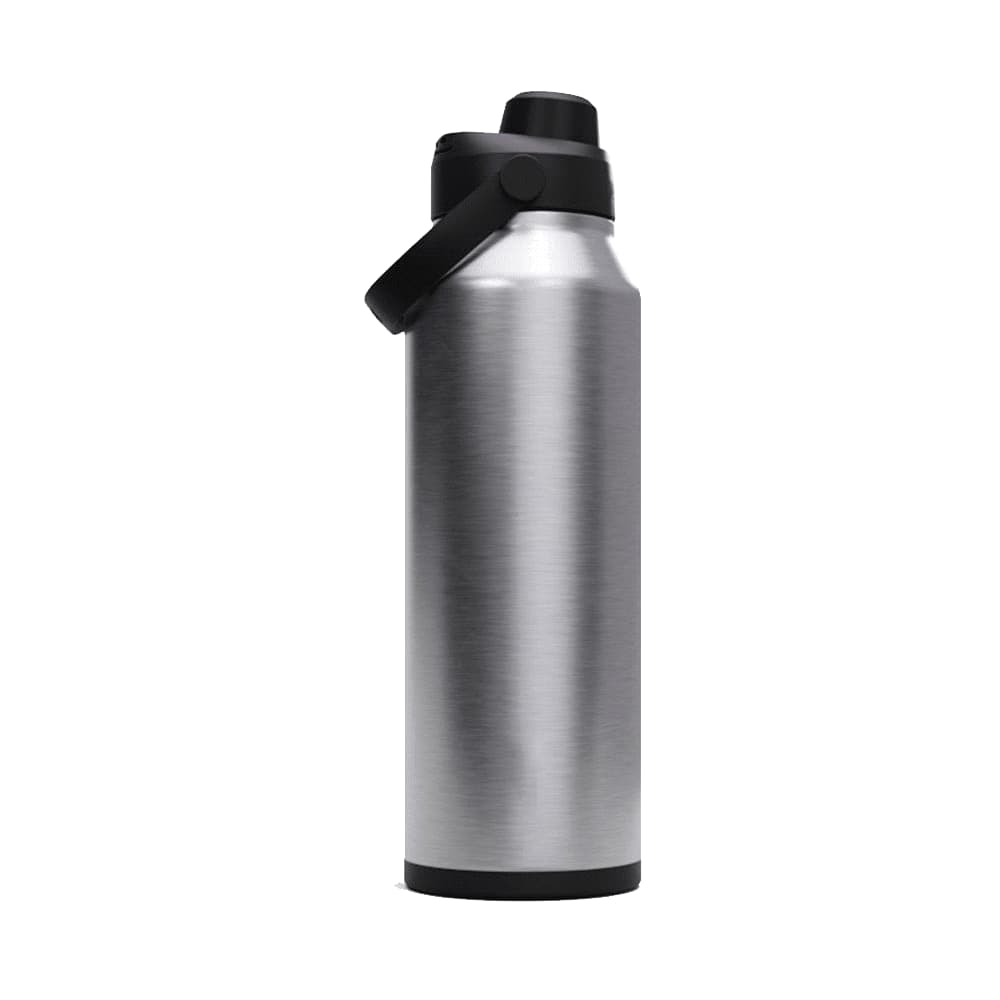 A drink bottle in silver stainless steel with a black lid and handle, featuring a logo on the side.