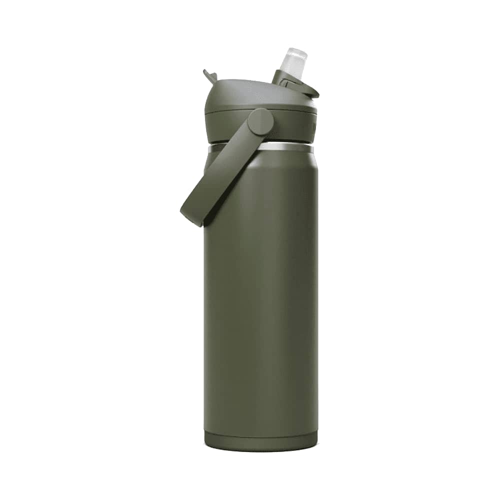 A drink bottle in olive green with a flip straw lid and carry handle, featuring a logo.