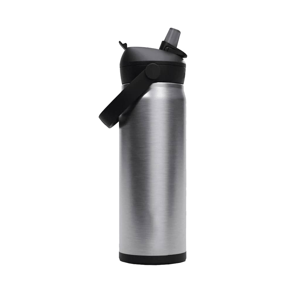 A drink bottle in silver metal with a black flip straw, featuring a black handle for easy carrying.
