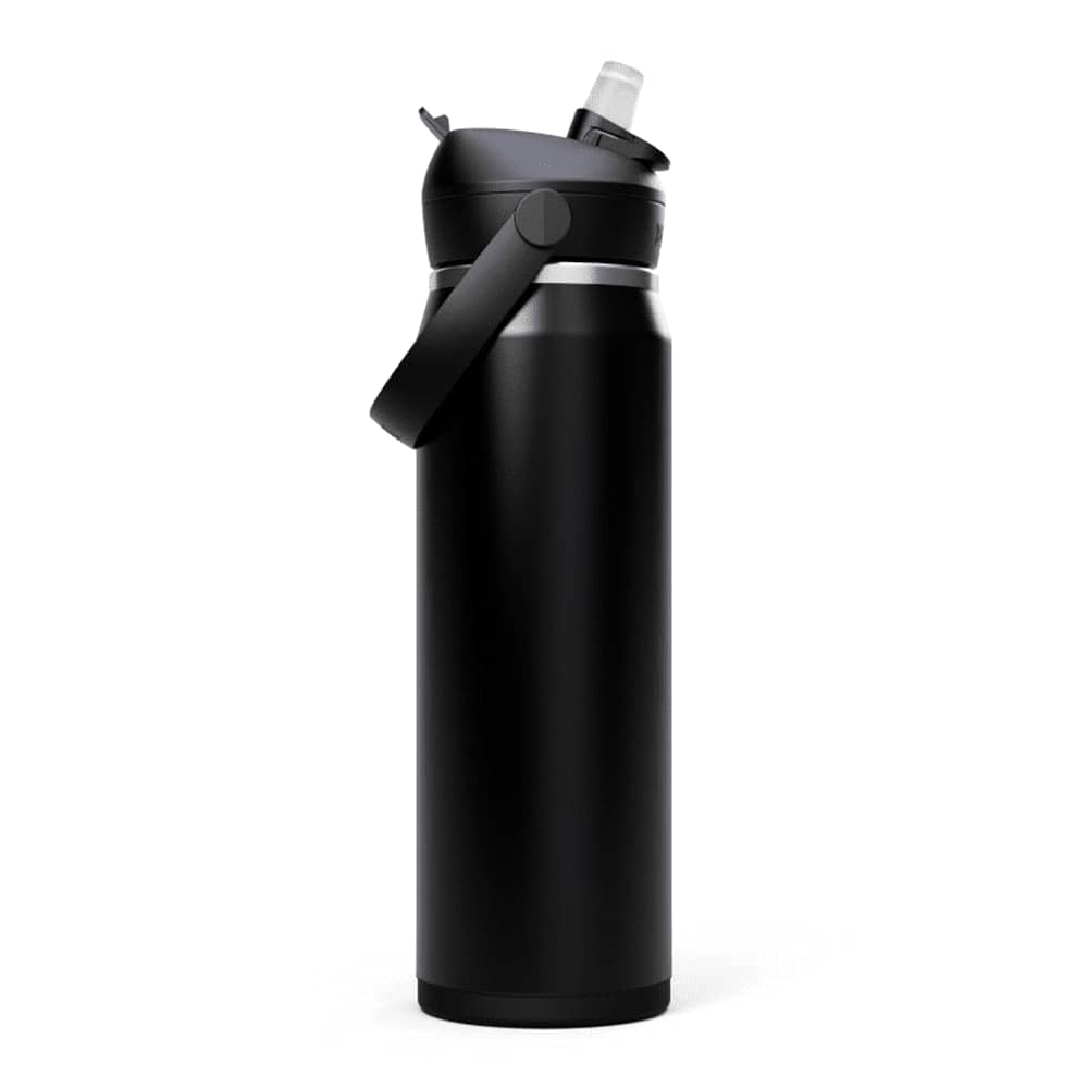 A drink bottle with a sleek black design, featuring a flip straw and a carry handle, with a logo on the side.