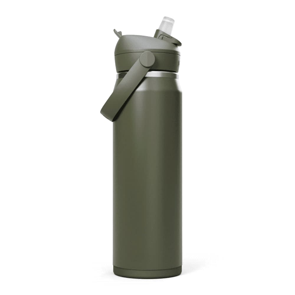 A drink bottle in olive green with a flip straw, featuring a silver stainless steel body and a handle.