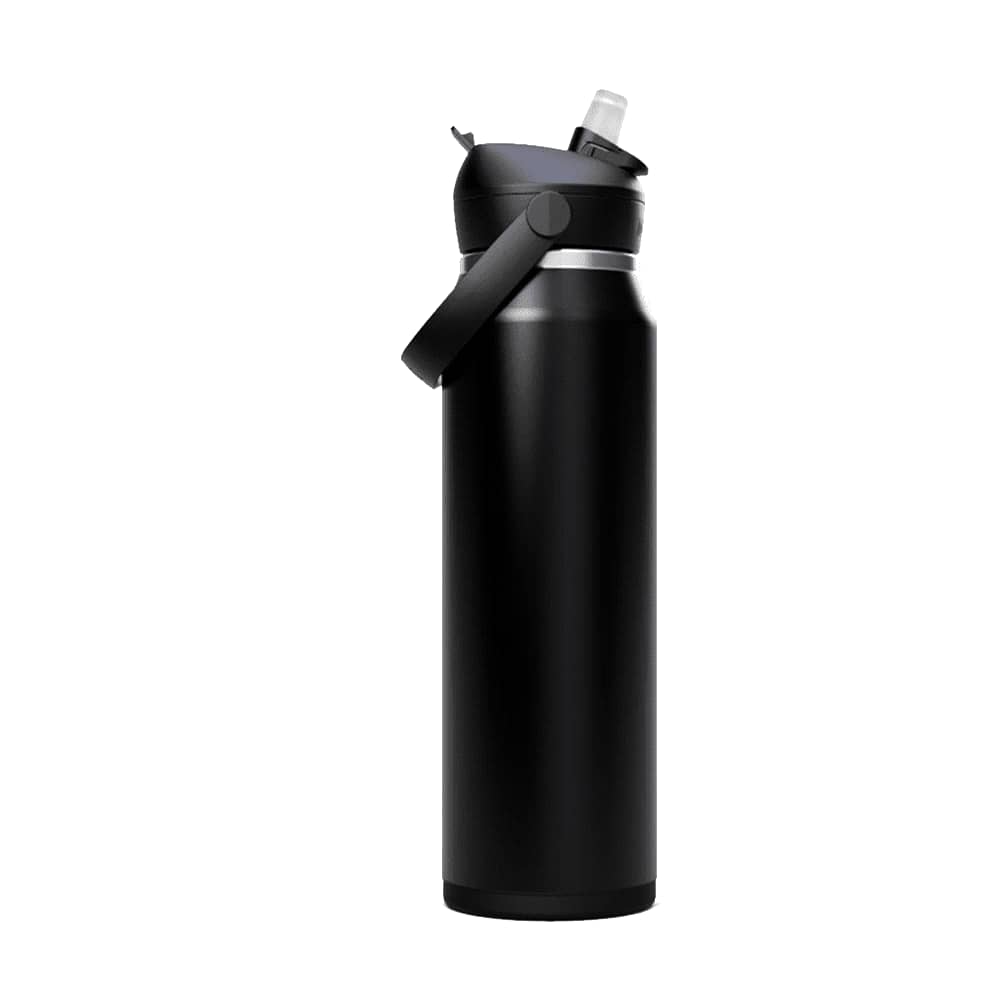 A drink bottle in matte black with a flip straw lid and attached handle, featuring a logo on the side.