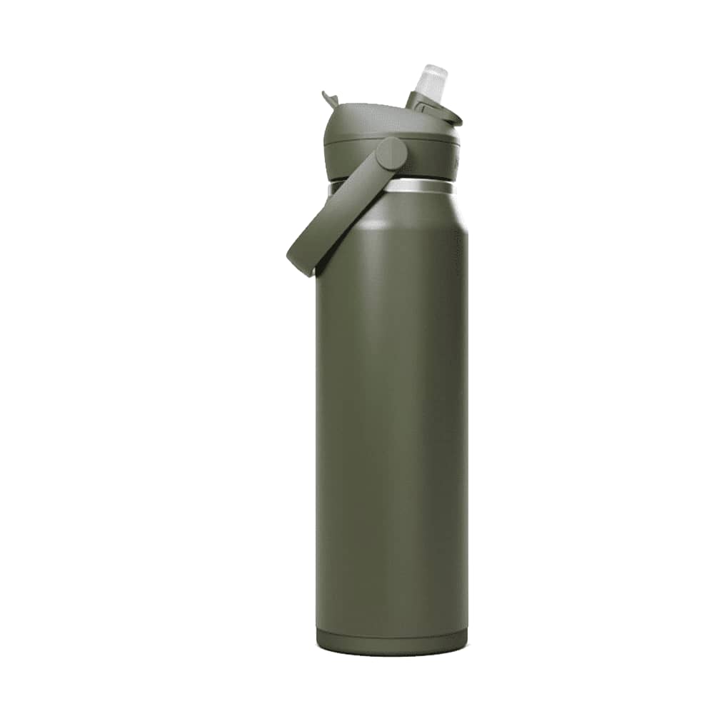 A drink bottle in olive green with a flip straw lid and a handle, featuring a logo on the side.