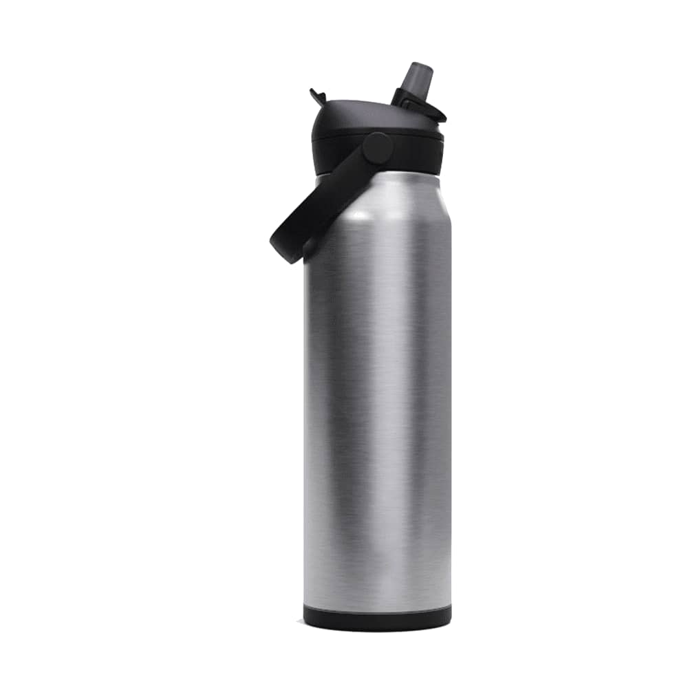 A drink bottle in a sleek, silver metallic finish, featuring a black flip straw lid and a carrying handle.