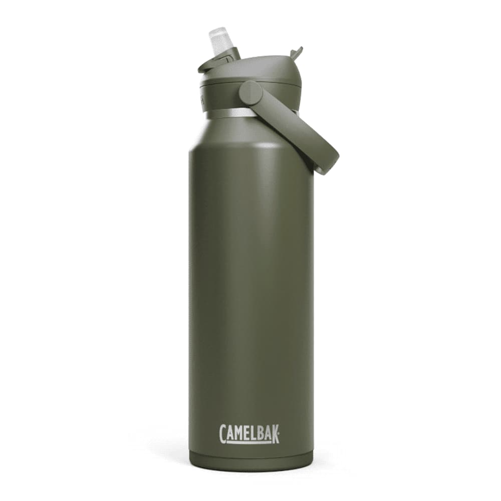 A drink bottle in olive green with a flip straw and a handle, featuring a brand logo.