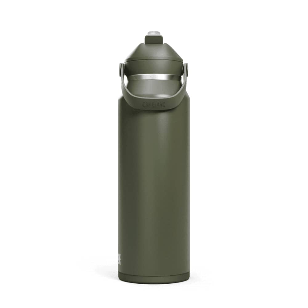 A drink bottle in olive green with a flip straw lid and a carrying handle, featuring a logo.
