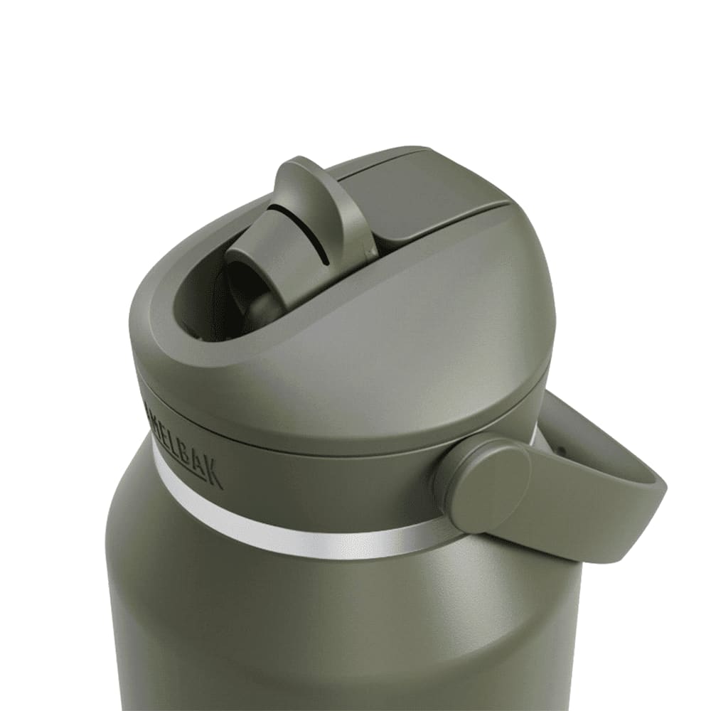 A drink bottle in olive green with a flip straw and a handle, featuring a circular cap and a visible logo.