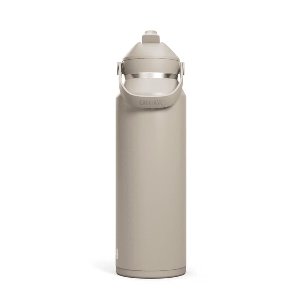 A drink bottle in a light beige colour with a flip straw and a carrying handle, featuring a logo.