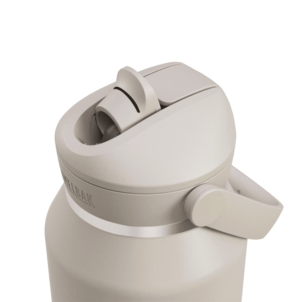A drink bottle in a light beige colour with a flip straw lid and a side handle. It features a logo on the side.