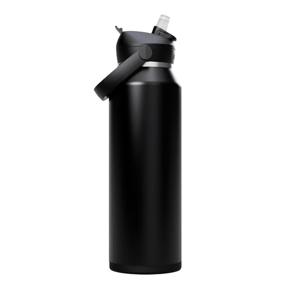 A drink bottle in matte black with a flip straw lid and a handle, featuring a brand logo.