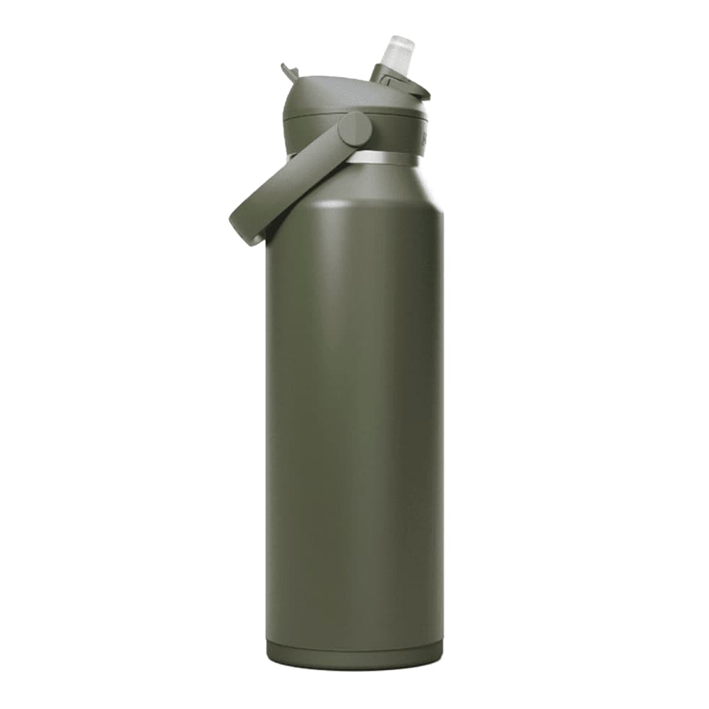 A drink bottle in olive green with a removable flip straw lid and a side handle, featuring a logo.