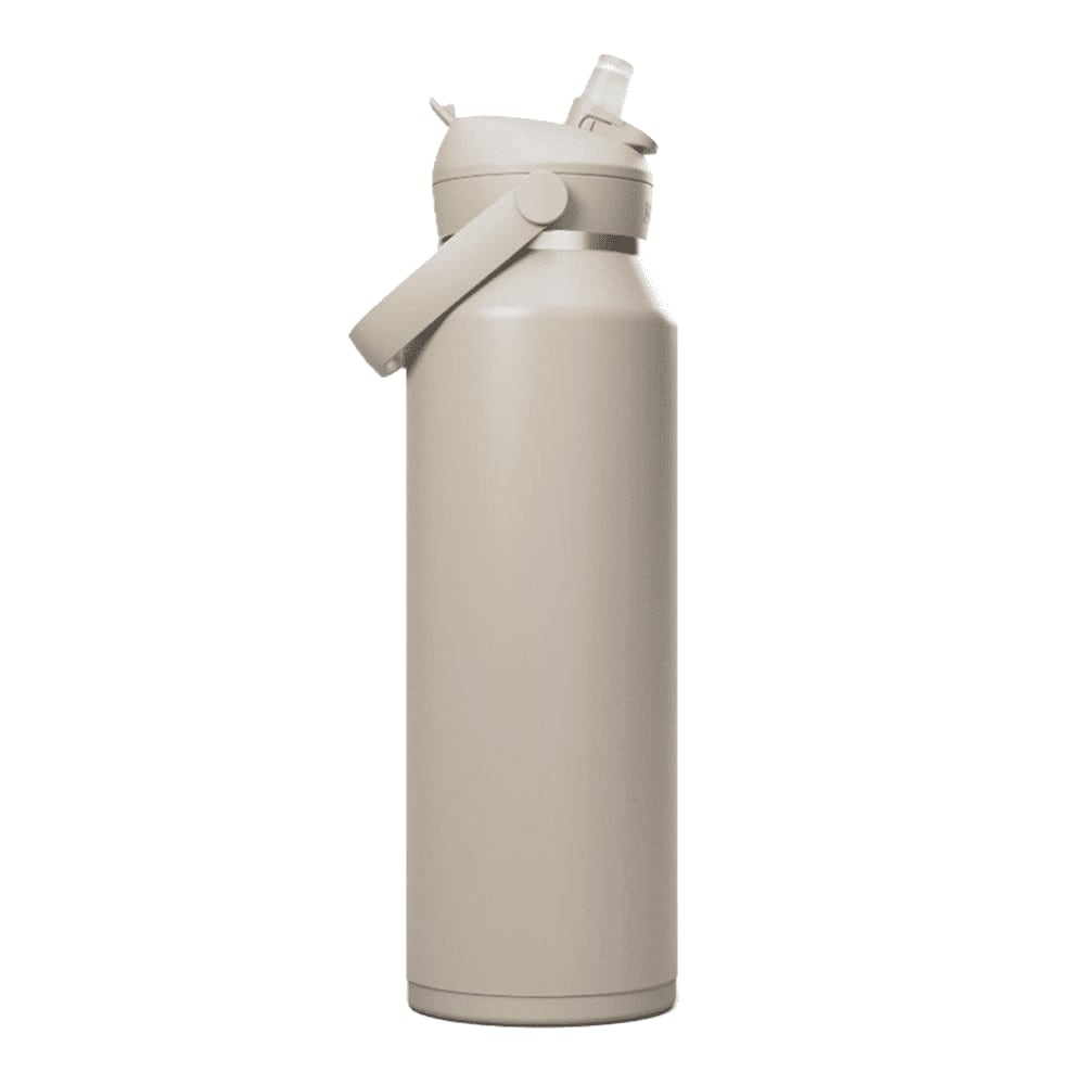 A drink bottle in a beige finish featuring a flip straw mechanism and a carrying handle. It has a logo on the side.